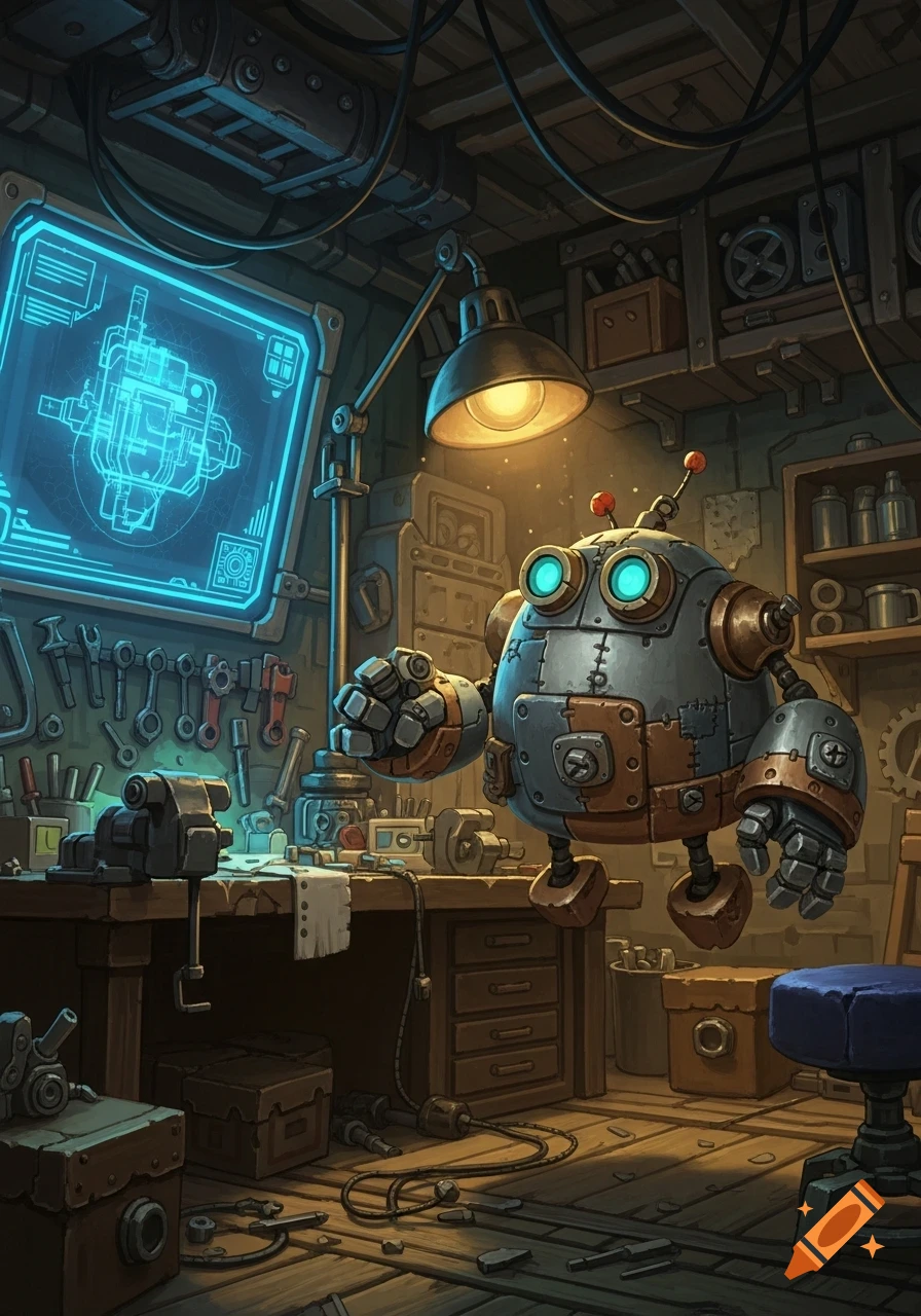 A charming, round steampunk robot with glowing blue eyes floats in a cluttered, dimly lit workshop filled with tools and a glowing blueprint screen.
