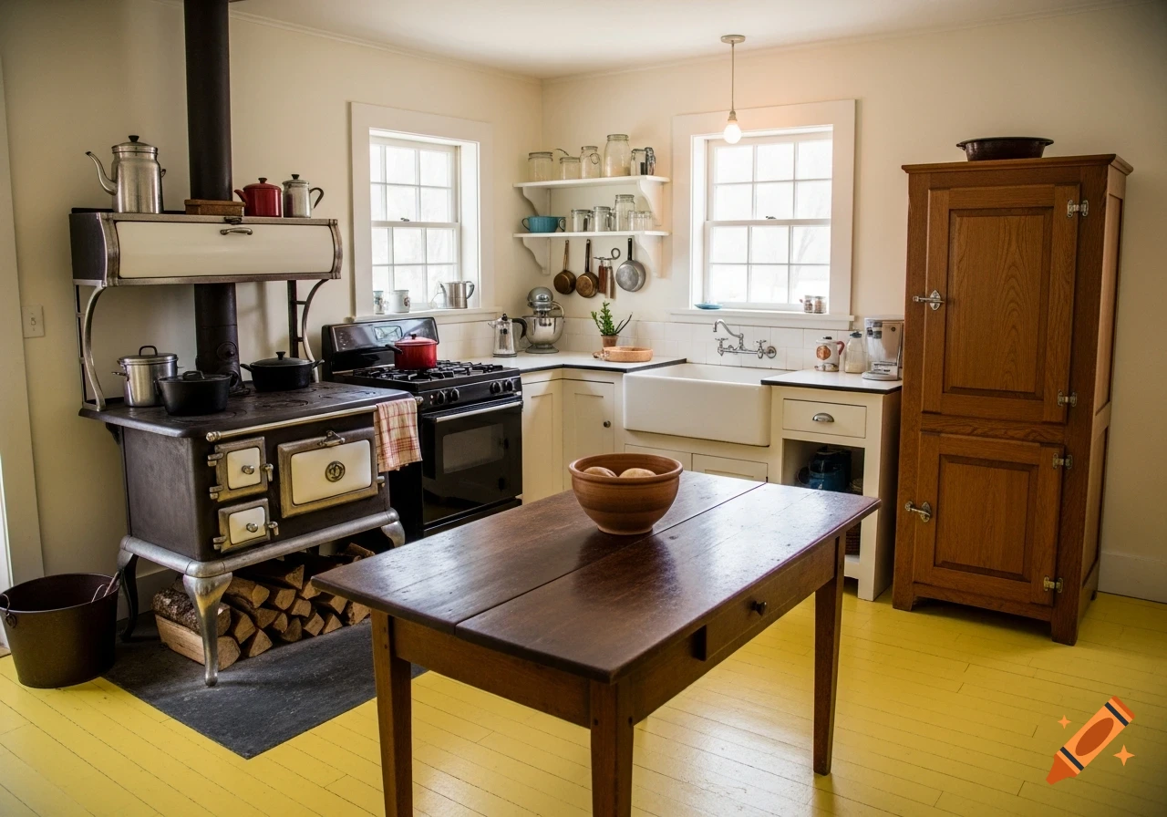 Rustic kitchen with a cast-iron stove, dark wooden table, and cheerful yellow floor, lit by natural light from two windows.