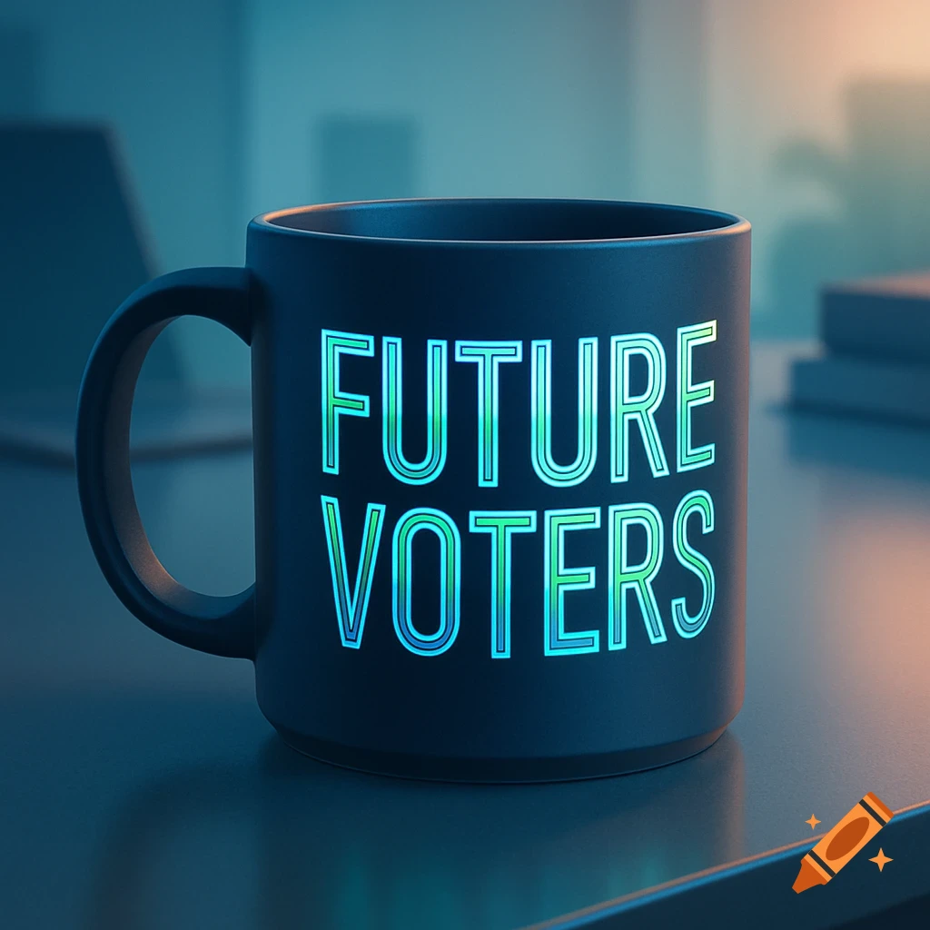 A dark mug featuring glowing, stylized neon text that reads "FUTURE VOTERS," set on a desk in a dimly lit room.
