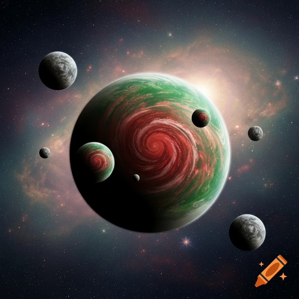 A vibrant red and green planet with a swirling pattern and several smaller moons against a starfield and nebula.