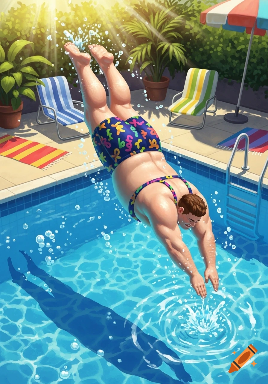 A stylized illustration of a man diving headfirst into a sunny swimming pool, kicking his legs up with a splash.