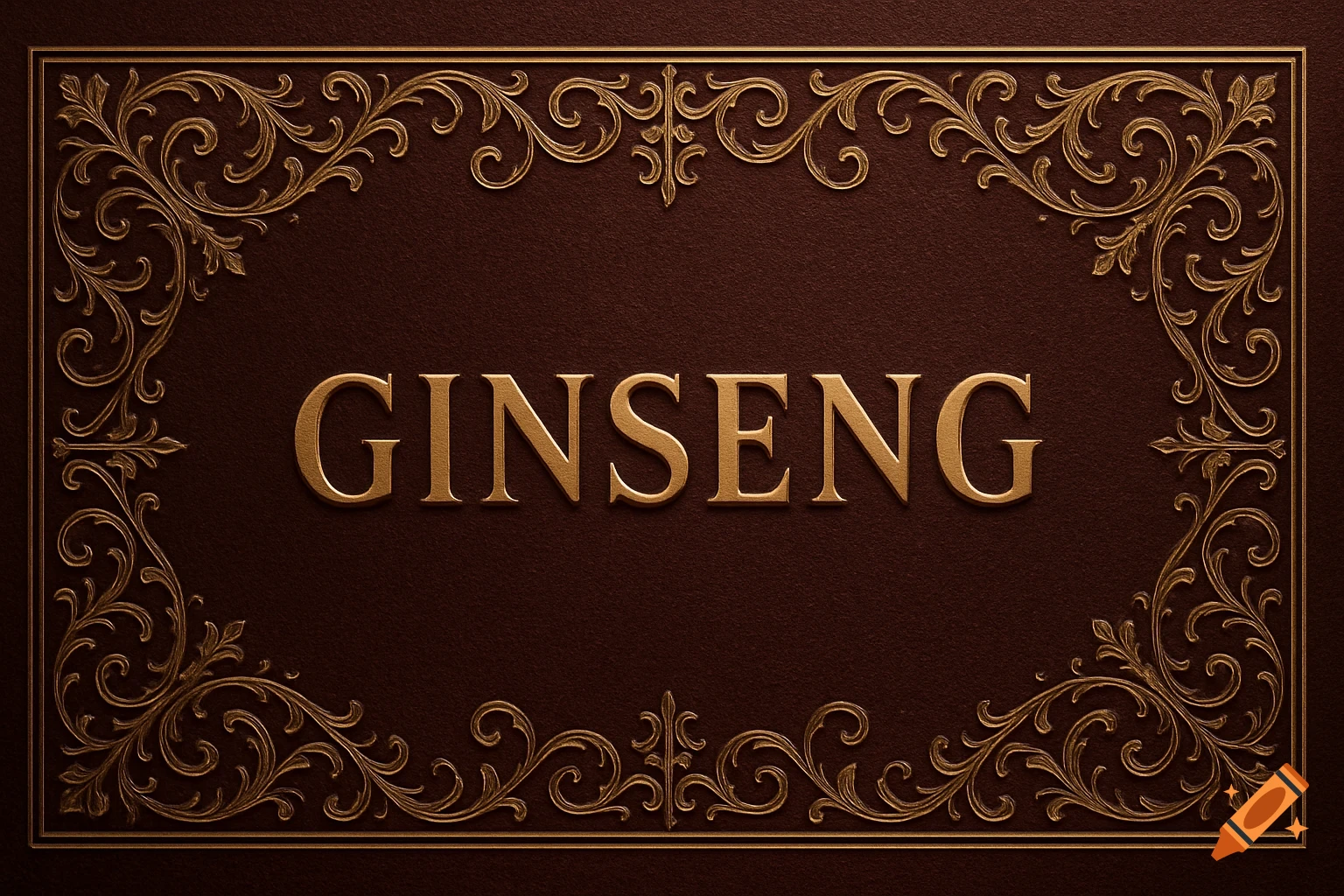 Luxury label background with gold 'GINSENG' text on brown, surrounded by an ornate golden filigree frame.