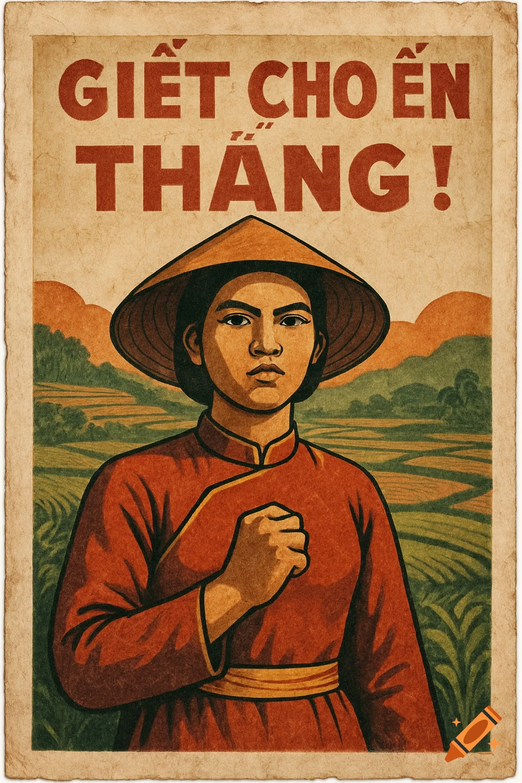 Vintage propaganda poster: determined person in conical hat, fist clenched, rice fields background, Vietnamese text 'GIẾT CHO ĐẾN THẮNG!'.