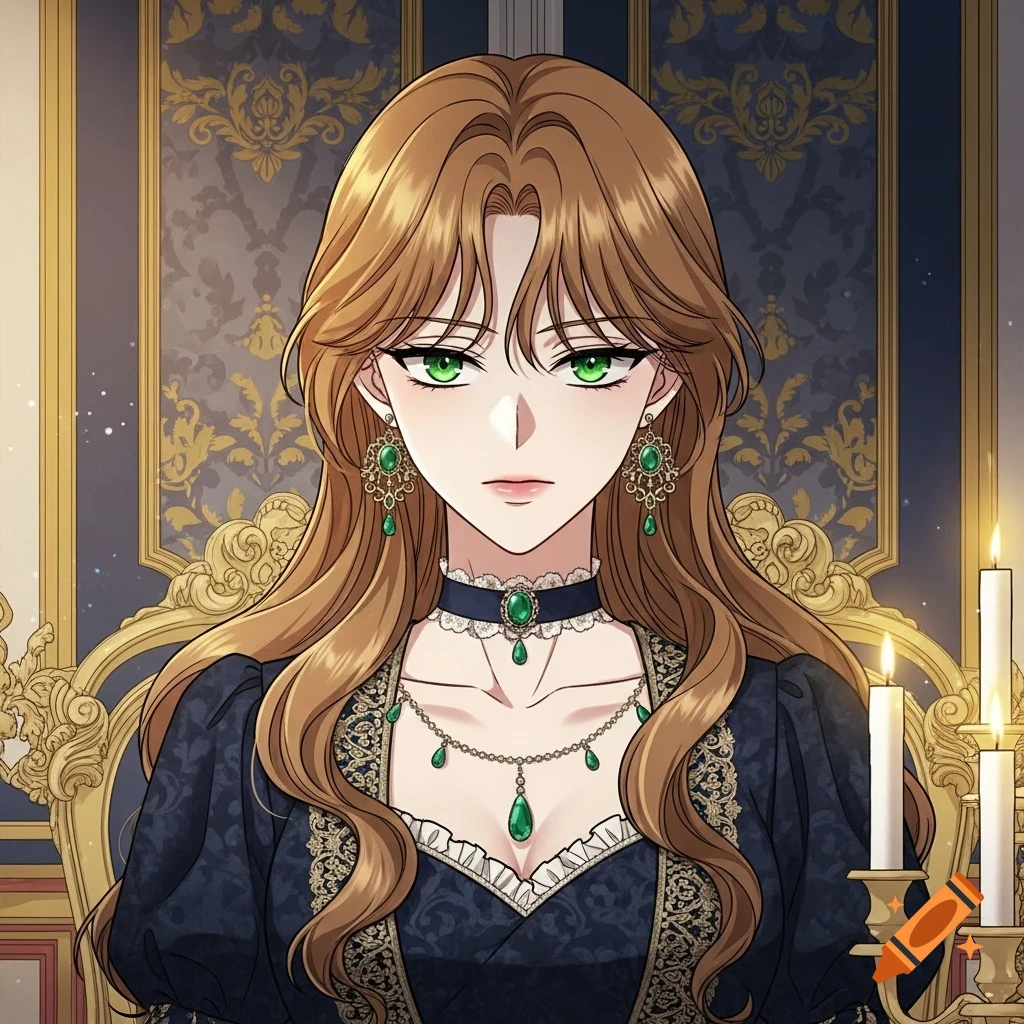 Manhwa portrait of a stern woman with golden-brown hair, emerald eyes, wearing a dark blue aristocratic dress and emerald jewelry.