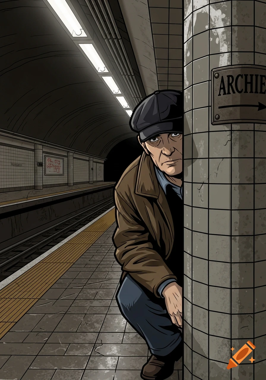 An older man in a cap and coat peeks from behind a pillar in a dimly lit subway station, in a graphic novel style.