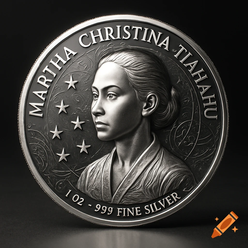 A highly detailed silver coin featuring a profile portrait of Martha Christina Tiahahu, stars, and text "1 OZ - 999 FINE SILVER" on a dark background.