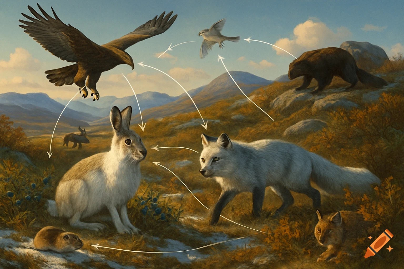 Realistic illustration of a food web with an eagle, hare, fox, vole, lynx, wolverine, and bird in a mountainous landscape.