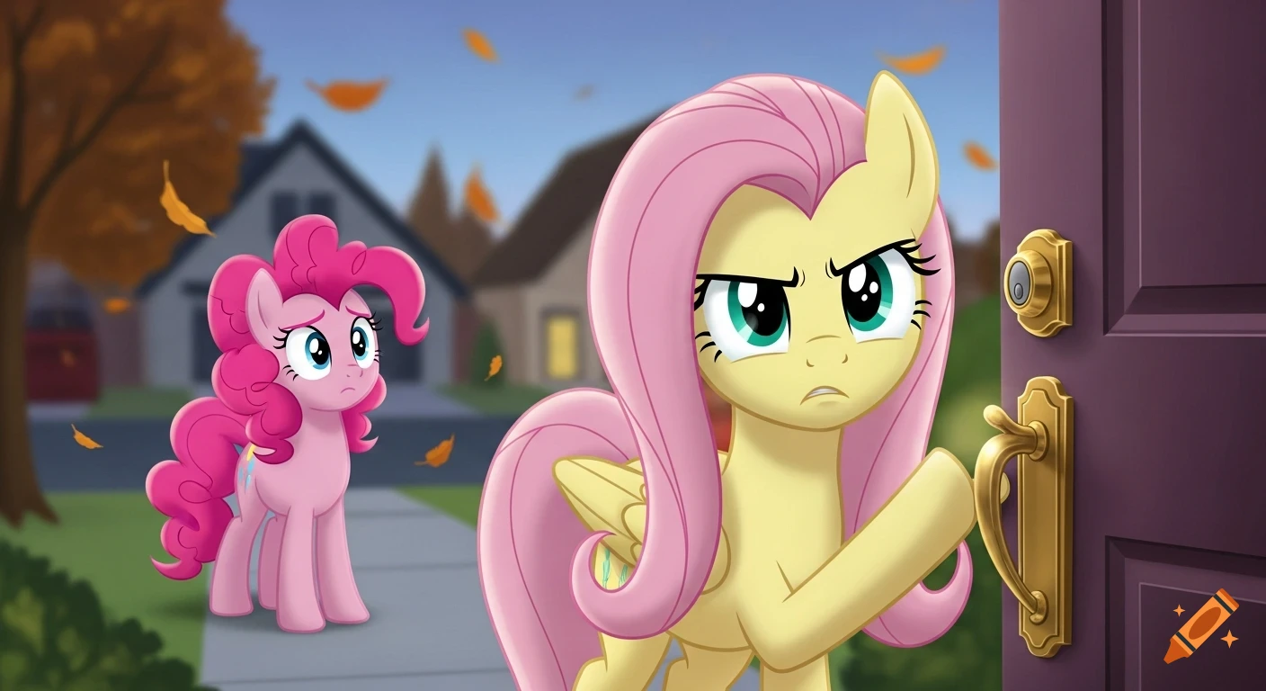 Angry cartoon pony Fluttershy at a purple door while anxious Pinkie Pie watches from the sidewalk on a suburban autumn street.