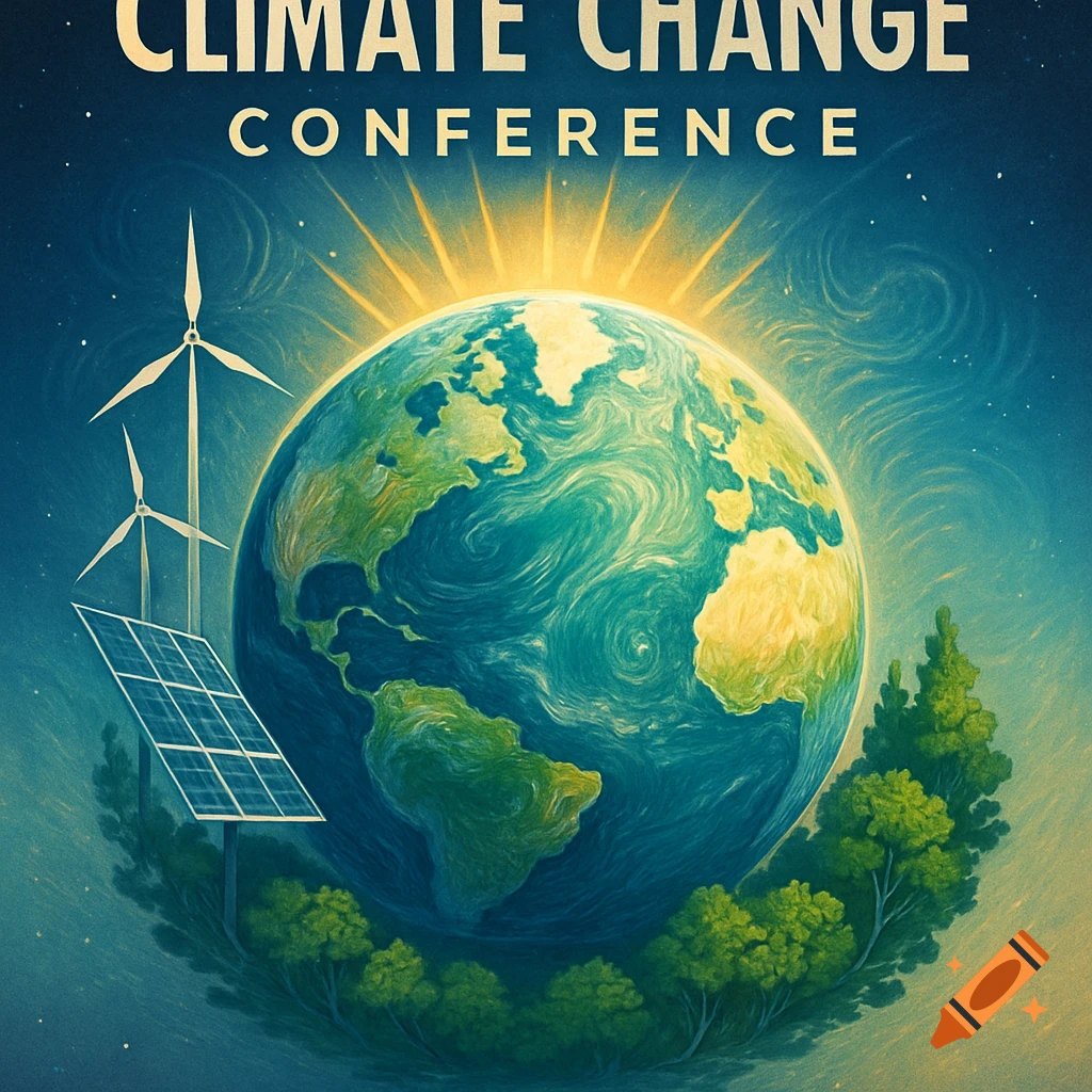 A poster for a climate change conference featuring Earth, solar panels, wind turbines, and trees under a starry sky.