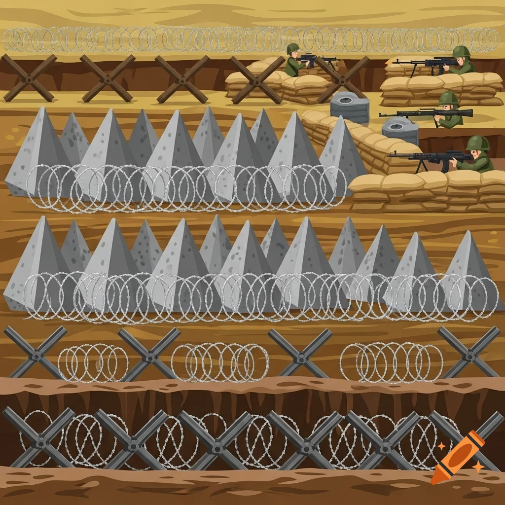 An illustrated three-line military defensive system with trenches, soldiers, sandbags, barbed wire, and dragon's teeth obstacles.