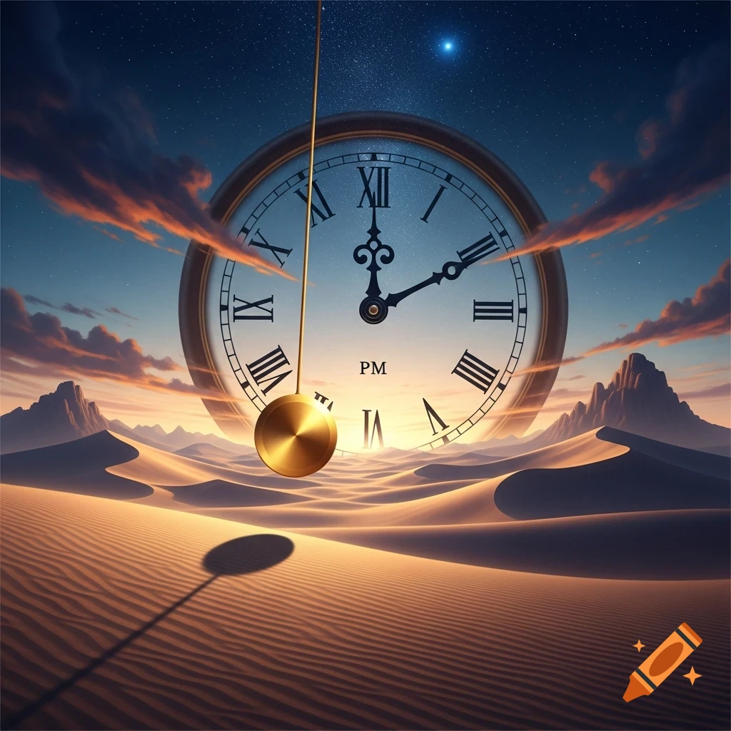Surreal image of a giant clock and golden pendulum over a desert landscape under a starry twilight sky.