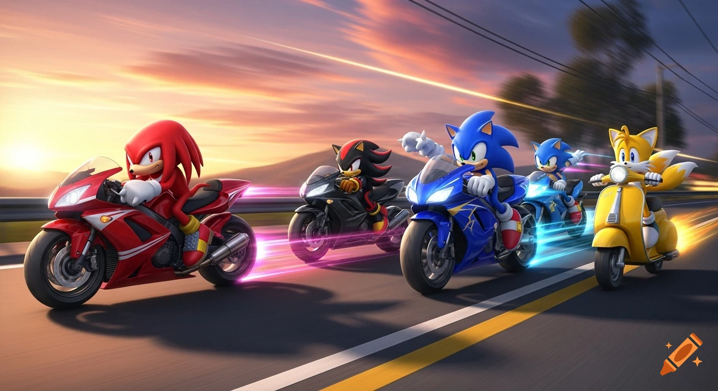 Knuckles, Shadow, Sonic, and Tails race on motorcycles and a scooter down a road at sunset.