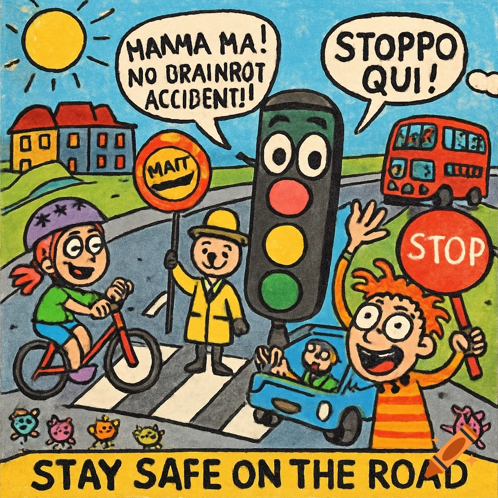 Child-like drawing of a road safety scene with cartoon characters, a zebra crossing, traffic light, and a bus. Text at the bottom reads 'STAY SAFE ON THE ROAD'.