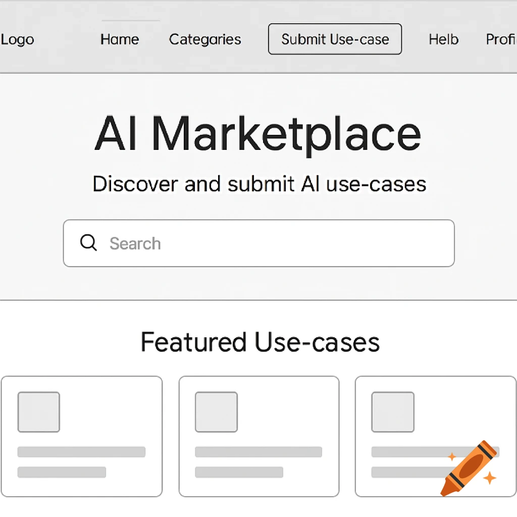 A low-fidelity wireframe UI for an AI Marketplace landing page, showing a navigation bar, a hero section with a search bar, and featured use-case placeholders.