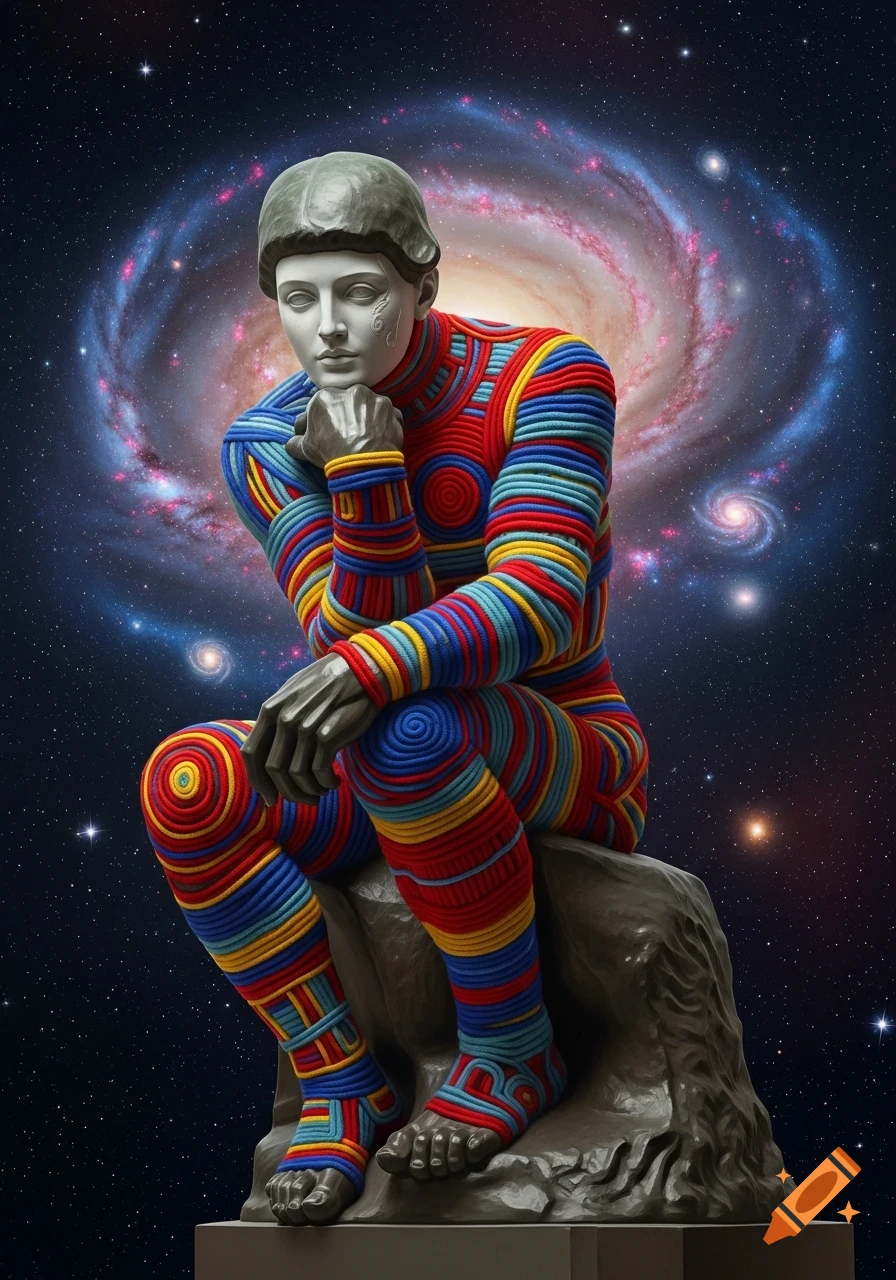 A yarn-bombed statue of 'The Thinker' with a girl's face sits in outer space, against a vibrant galaxy background.
