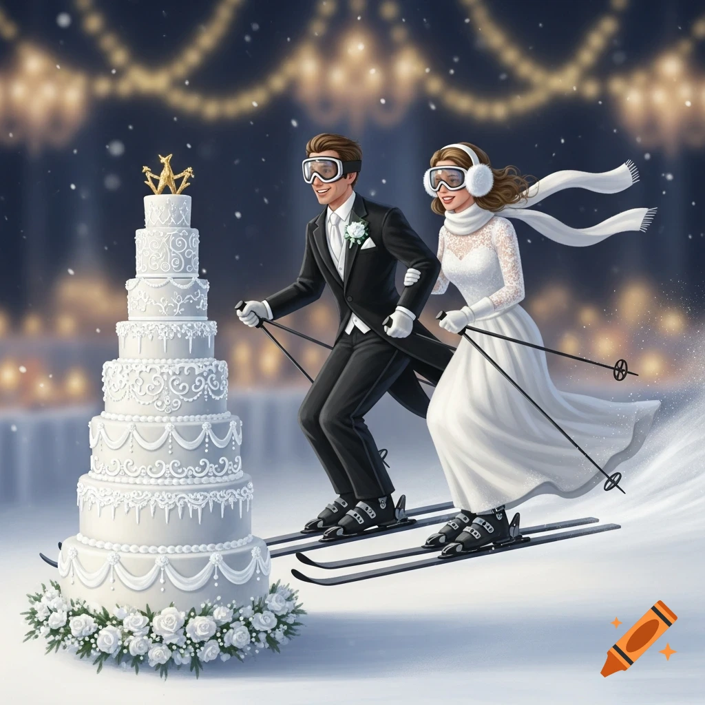 Illustration of a bride and groom in ski gear, skiing next to a large tiered wedding cake in a snowy, festive setting.