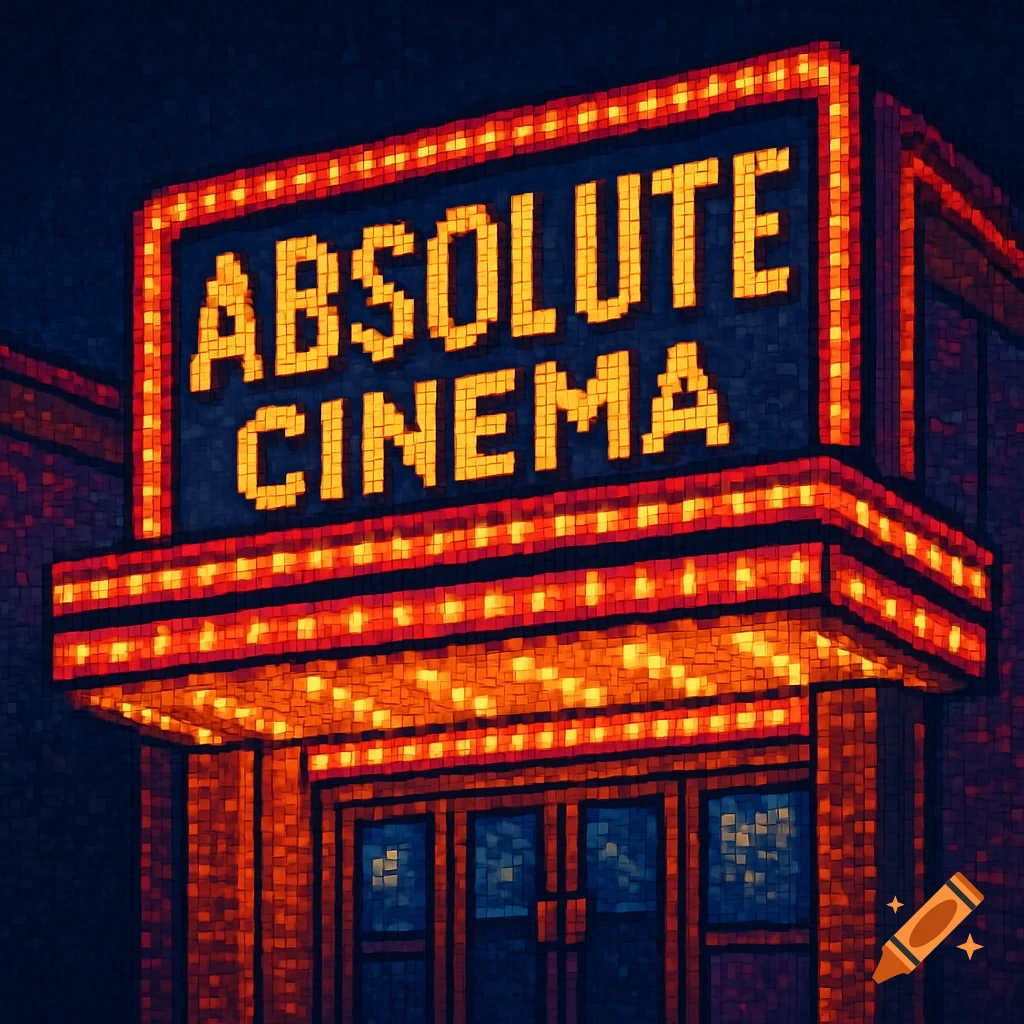 A pixel art image of a brightly lit cinema marquee, glowing in orange and red, displaying the words "ABSOLUTE CINEMA".