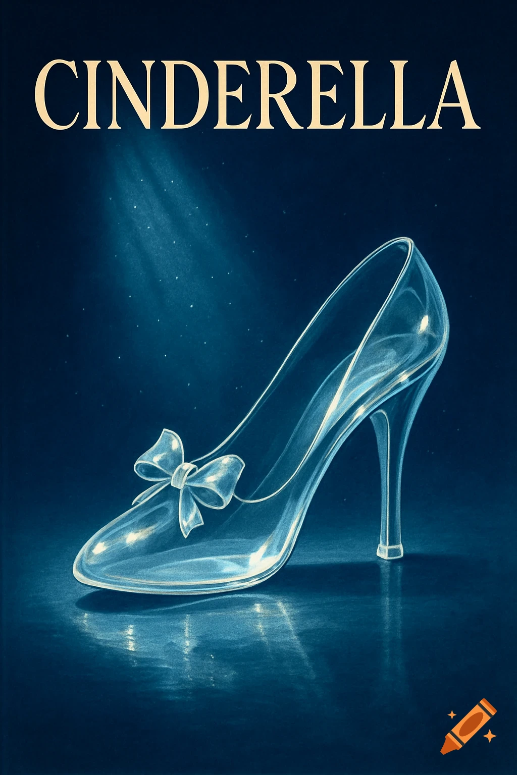 Book cover for Cinderella featuring a glowing glass slipper with a bow on a dark blue background.