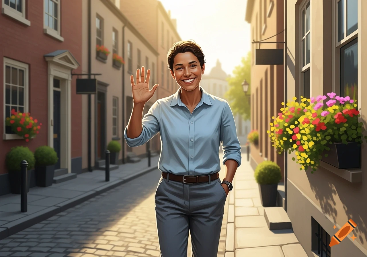 A smiling person in a blue shirt and grey pants waves to the viewer on a sunny urban street.