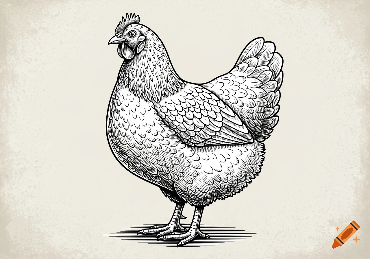 Black and white vintage-style illustration of a chicken hen standing.