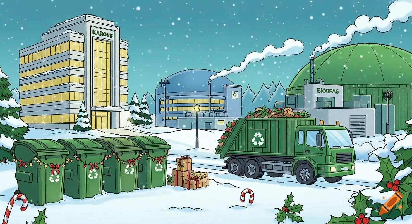 A festive cartoon winter scene showing a green garbage truck full of waste, green recycling bins decorated for Christmas, and buildings labeled 'KAROUS' and 'BIOOFAS' covered in snow.