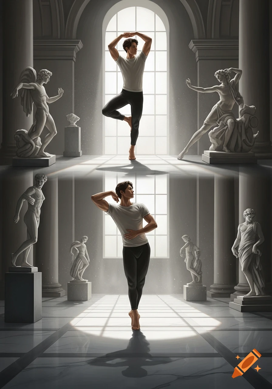 Male dancer poses gracefully among classical statues in a grand hall, lit by arched windows.