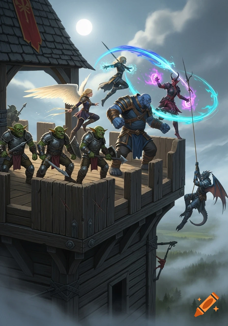 Fantasy scene of goblins defending a wooden tower from an angelic rogue, goliath, tiefling sorcerer, and a climbing dragonborn warrior.