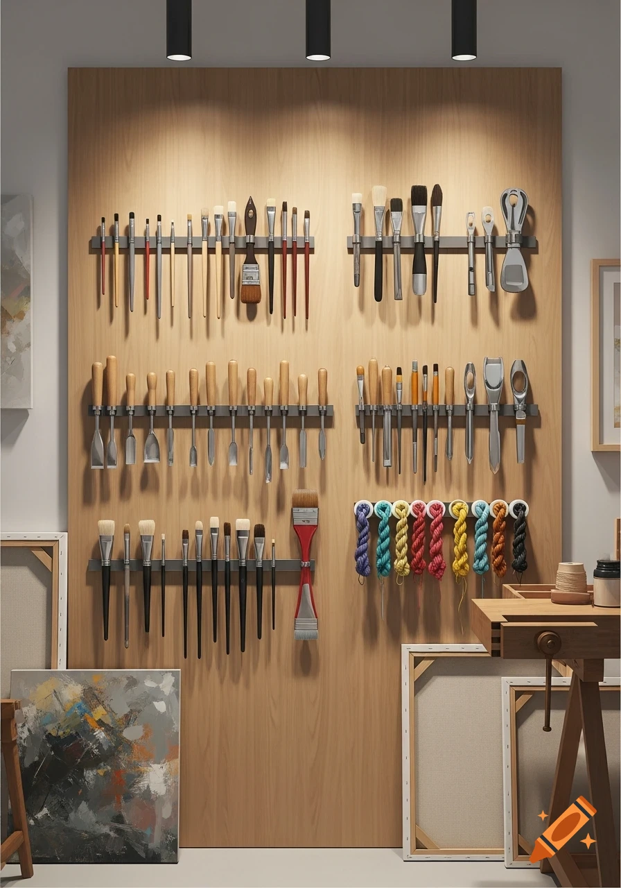 An organized art studio wall with rows of paintbrushes, carving tools, and colorful spools of thread on magnetic strips, alongside canvases.
