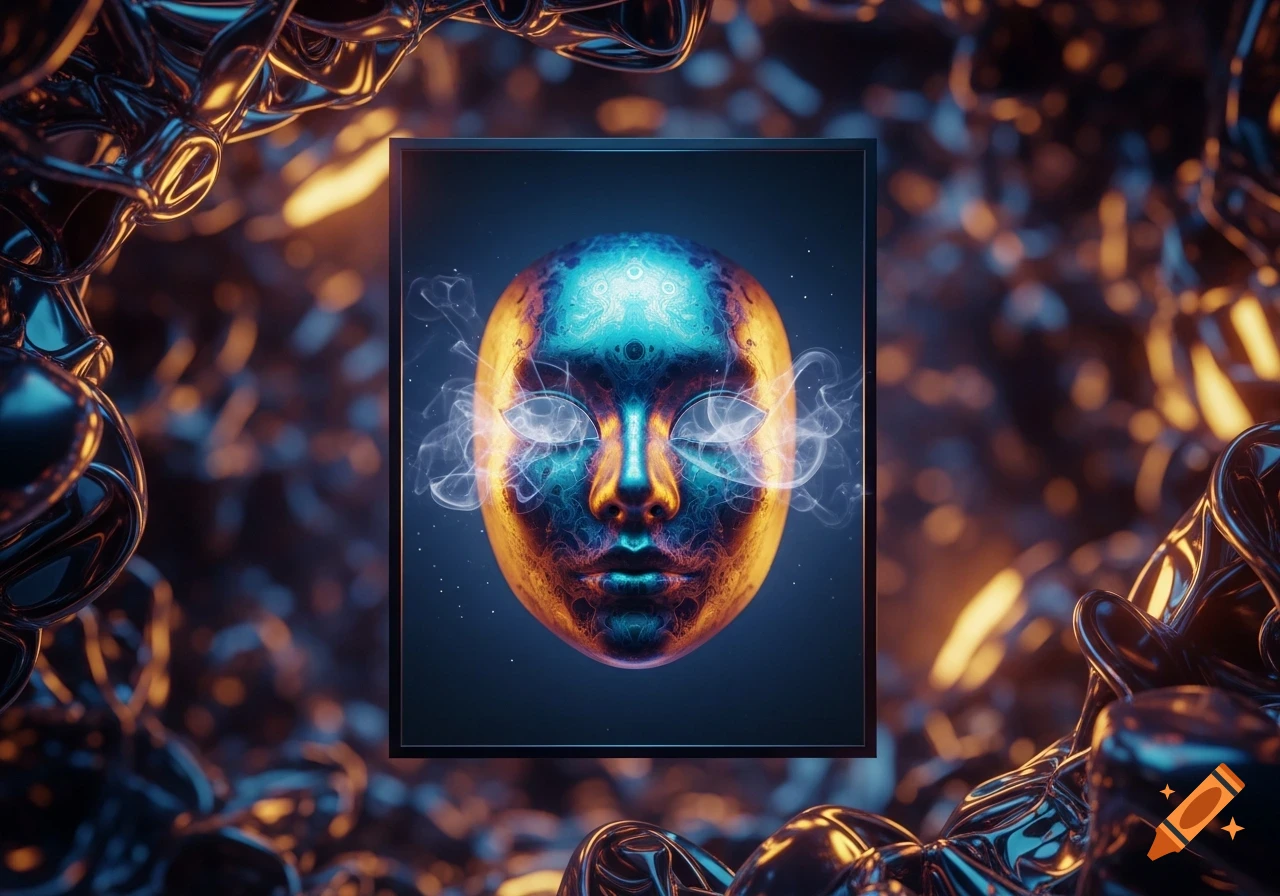 A vibrant, glowing abstract mask in blue and orange, surrounded by dark metallic structures, with smoke emanating from its eyes.