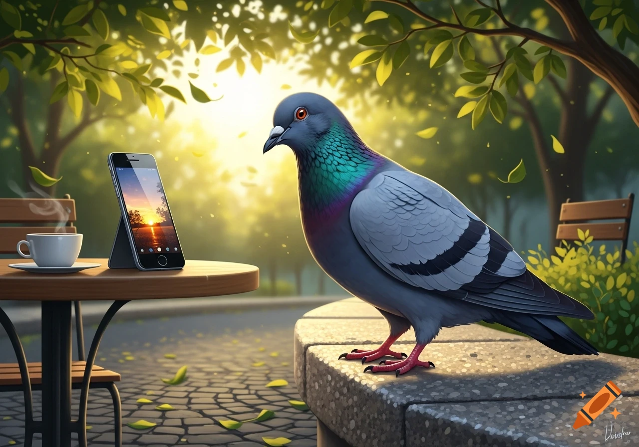 A stylized pigeon stands on a stone bench, looking at a smartphone displaying a sunset image, next to a coffee cup on a wooden table in a sunny park.