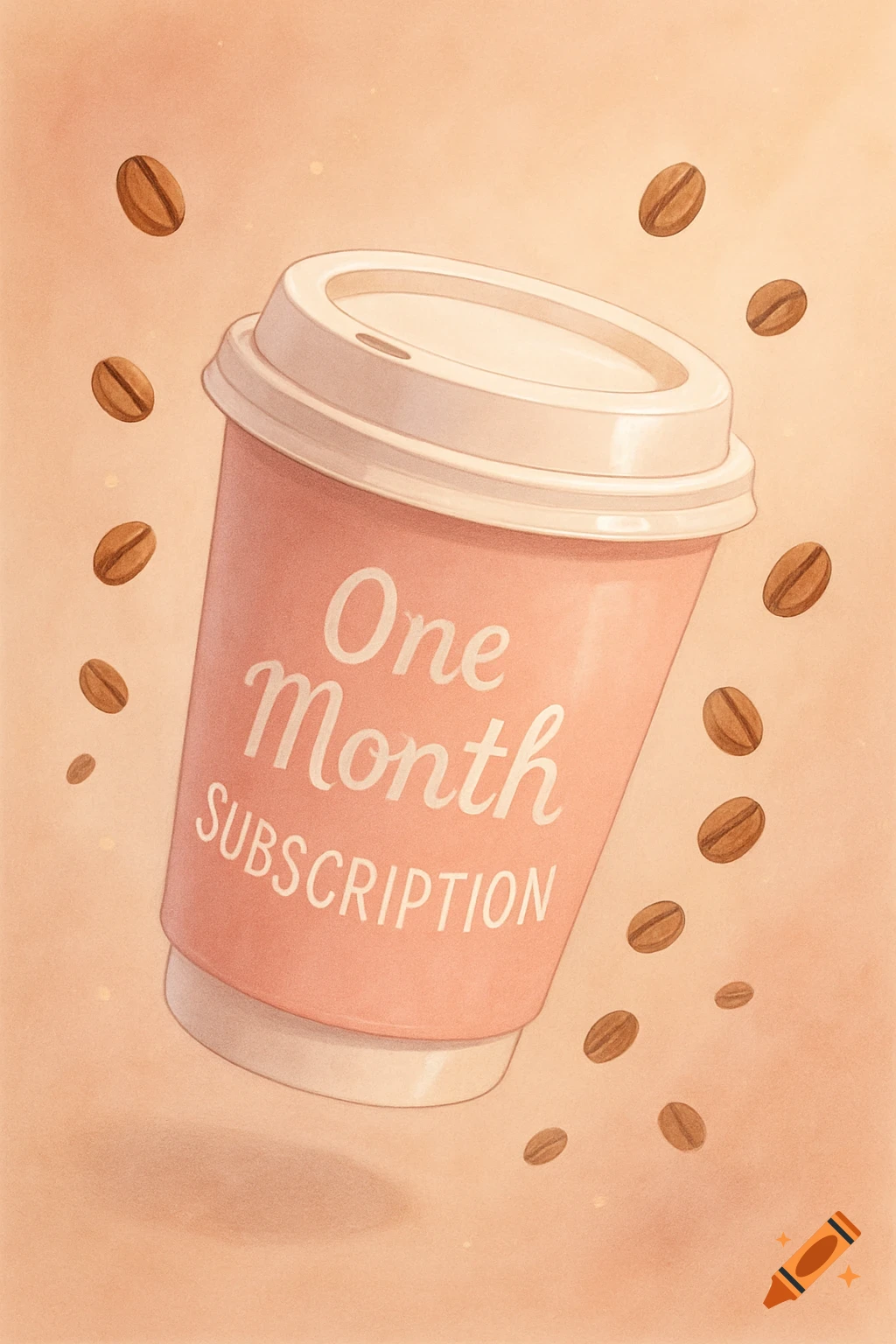 Pink paper coffee cup with 'One Month SUBSCRIPTION' text, surrounded by floating coffee beans, in an illustrative style.