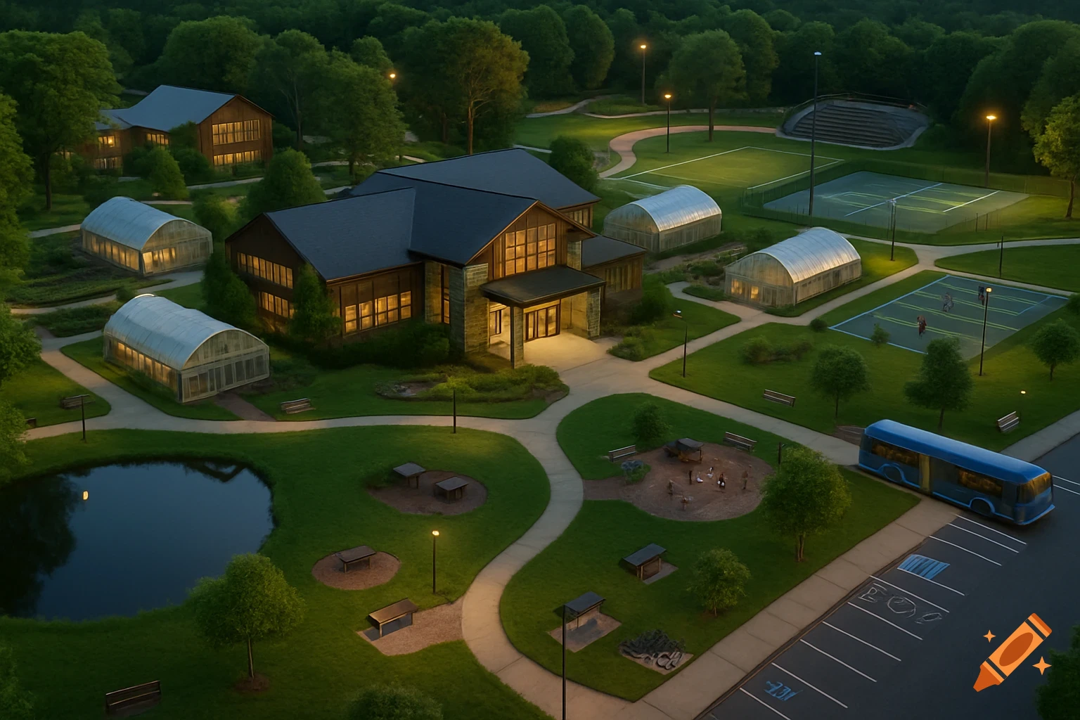 Aerial view of a campus featuring multiple buildings with glowing windows, greenhouses, sports courts, a pond, a bus, and walking paths amidst lush green trees and lawns.