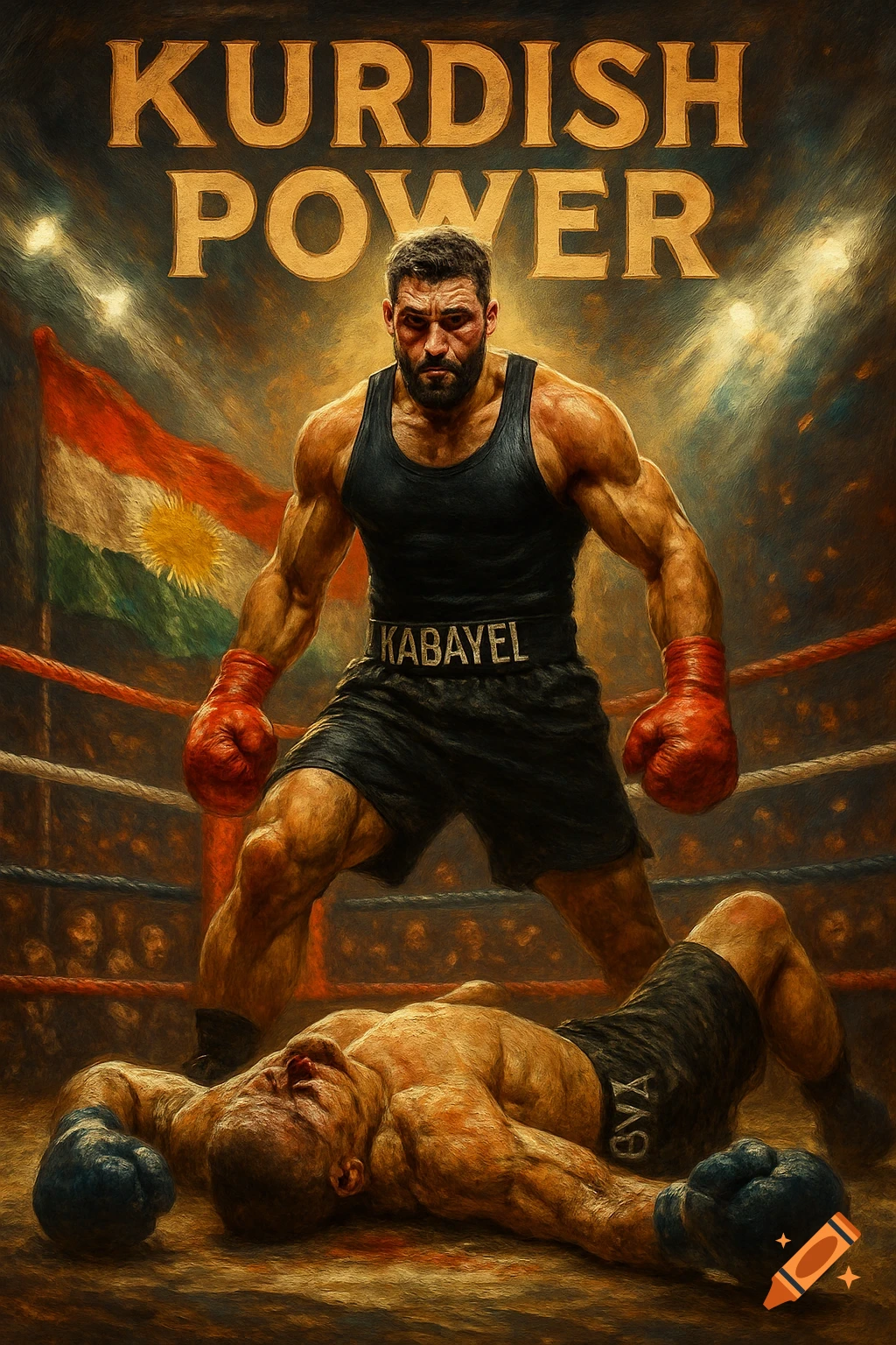 A muscular boxer in red gloves stands over a knocked-out opponent in a boxing ring, with a Kurdish flag and "Kurdish Power" text above, in a painterly style.
