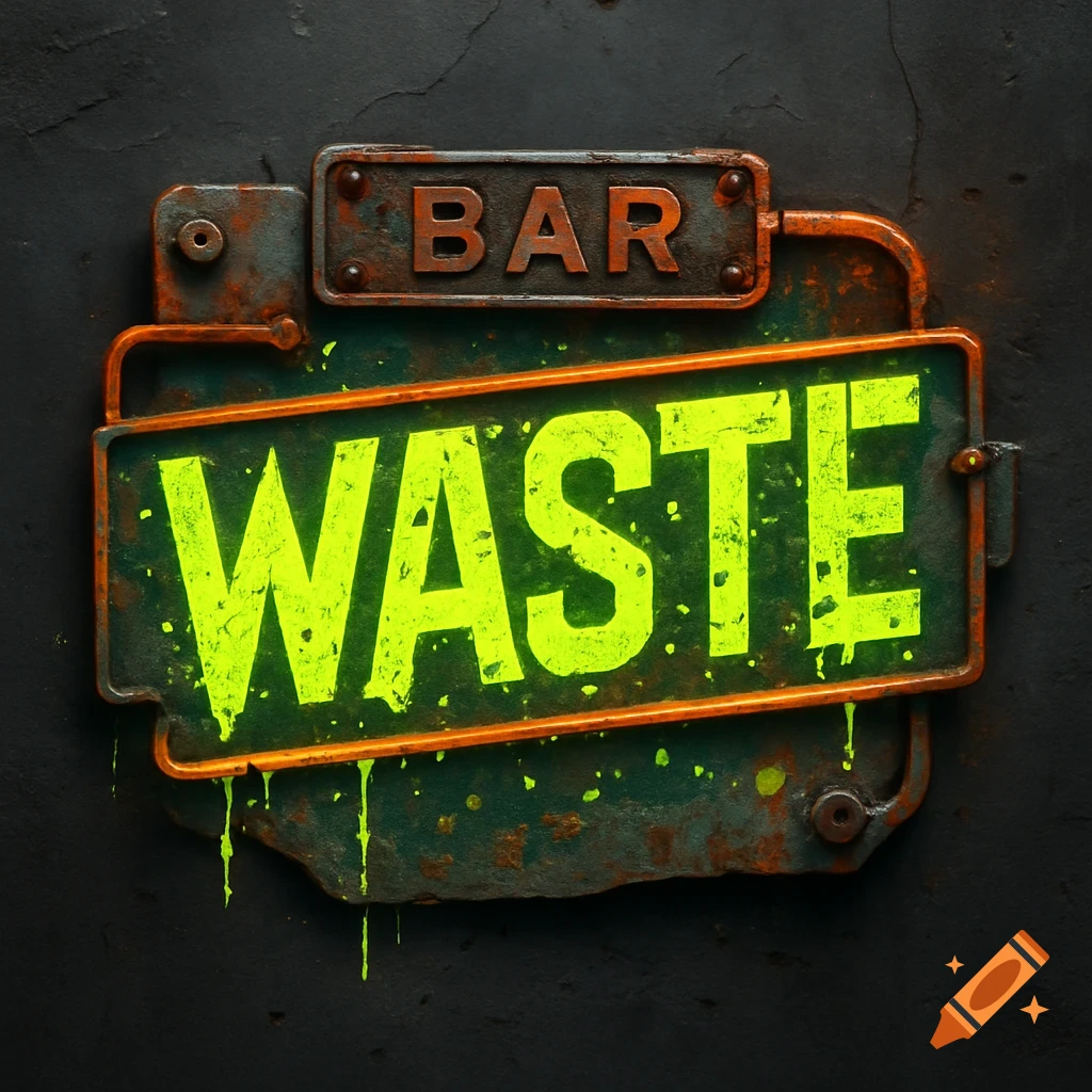 A rusty, urban industrial sign on a dark wall, reading "WASTE" in bright neon green with drips, and "BAR" above it.
