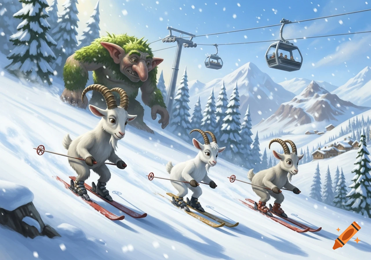Three cartoon goats ski down a snowy mountain slope with a friendly green troll, pine trees, ski lifts, and a village in the background.