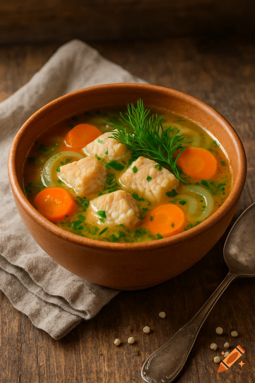 A bowl of fish soup with carrots, onions, and dill on a wooden table with a spoon and napkin. Photorealistic.