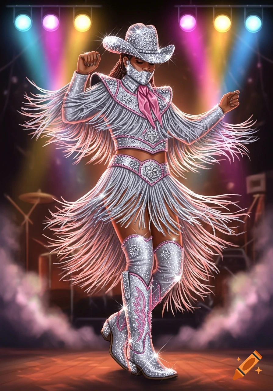 A person in a shimmering silver and pink rhinestone cowboy costume with fringe, dancing on a stage under colorful spotlights.