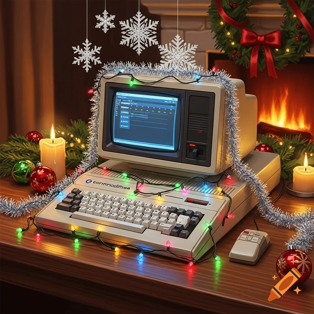 A vintage Commodore 64 computer adorned with colorful Christmas lights and silver tinsel, set against a cozy fireplace.