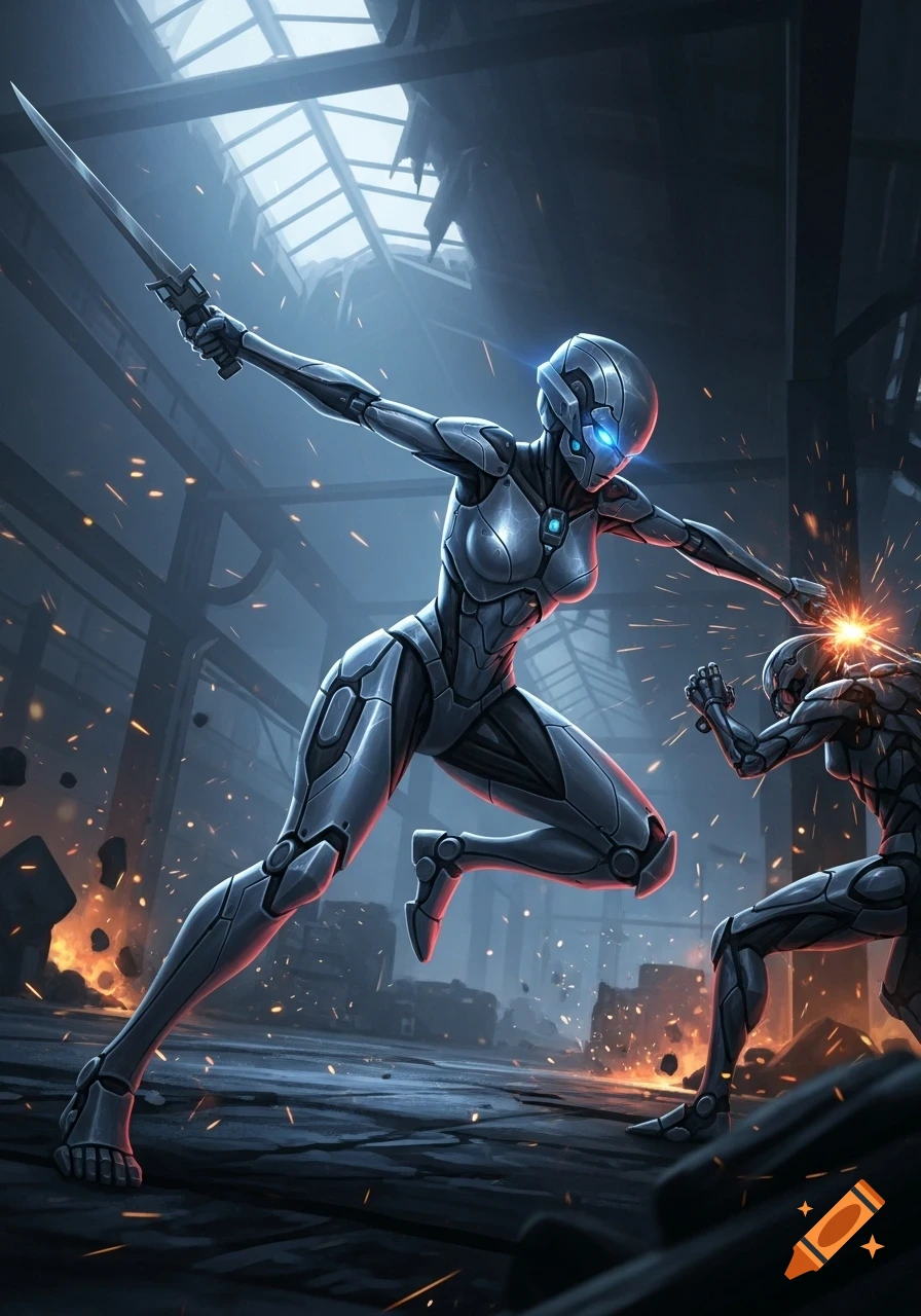Two armored humanoid robots fight in a desolate, sparking industrial environment, one wielding a sword in a dynamic action pose.