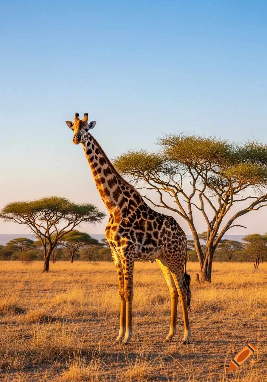 A hyper-realistic photograph of an adult giraffe standing in the African savanna at golden hour, with acacia trees under a clear blue sky.