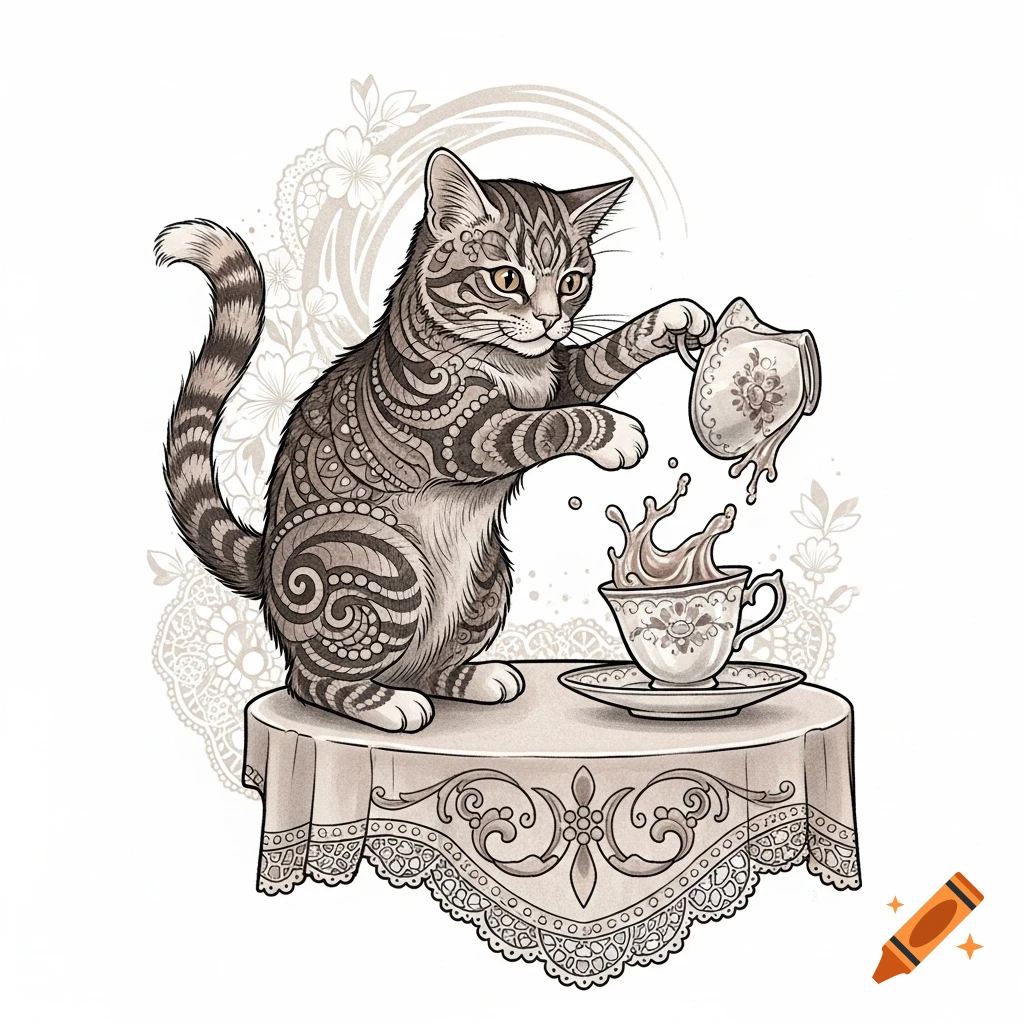 Stylized gray and white cat spilling tea from a pot into a teacup on a lace-covered table, in a tattoo art style.