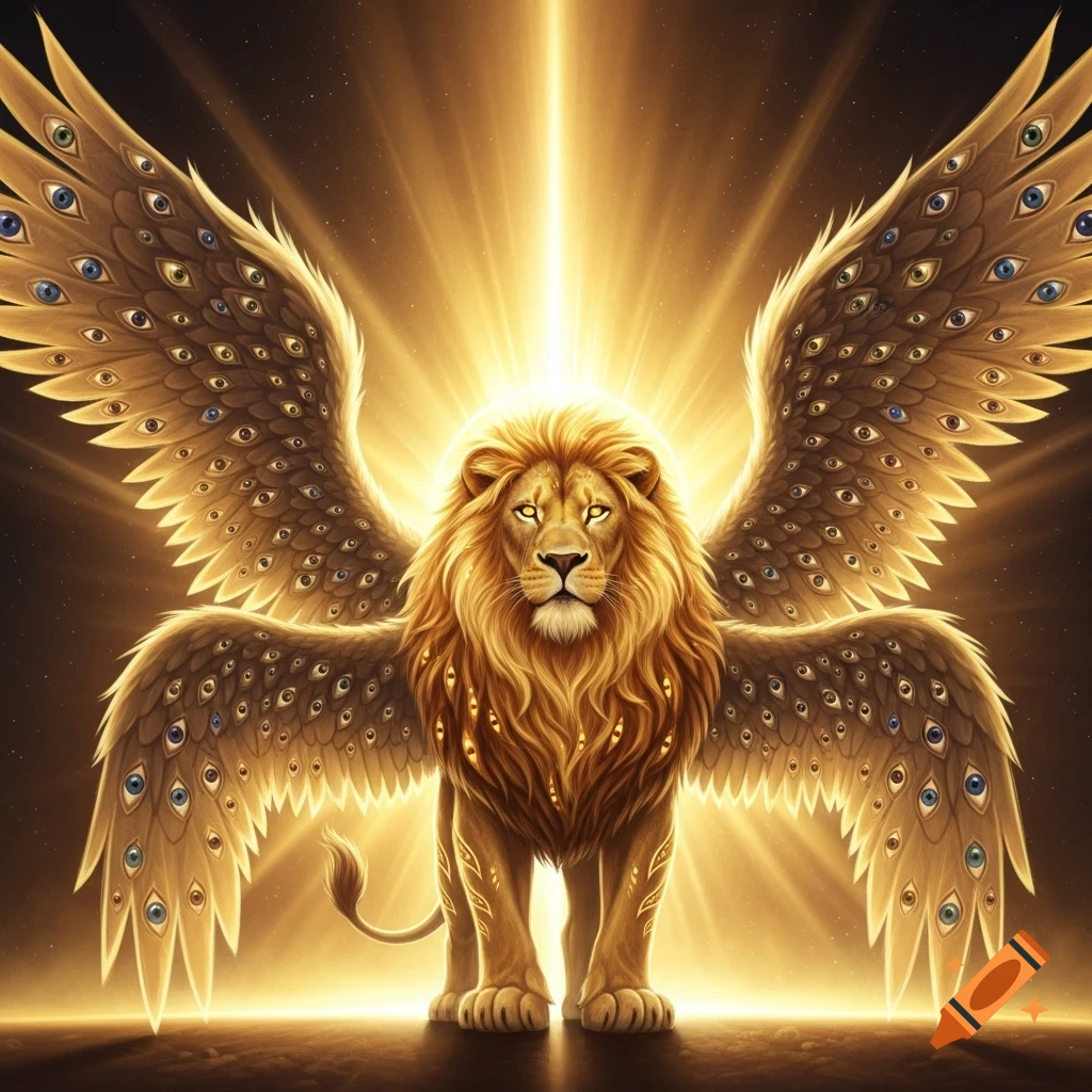 A majestic golden lion with large, feathery wings covered in many eyes, stands illuminated by a radiant golden light from above.