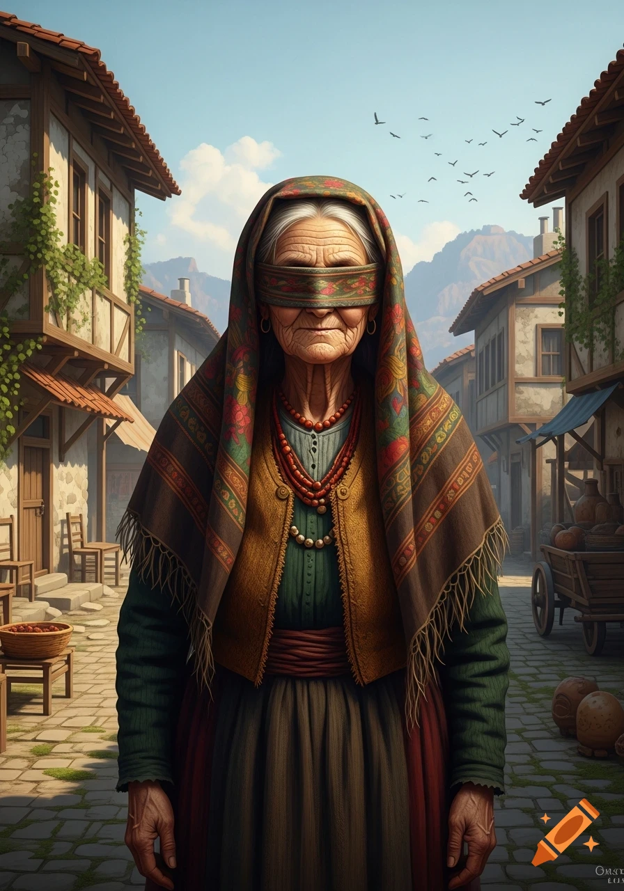 A detailed portrait of an old woman in rustic clothes and a patterned veil over her eyes, standing on a cobblestone street in a sunny village.