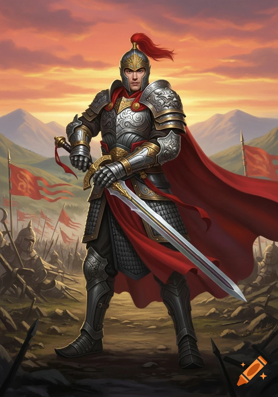 A brave warrior in elaborate silver and gold armor and a red cape stands with a sword on a battlefield at sunset, with mountains in the background.