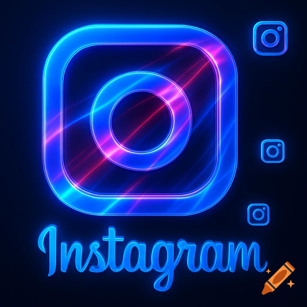 Glowing neon blue Instagram logo with pink and purple light streaks, against a dark background, with the word 'Instagram' written below and smaller logos on the side.