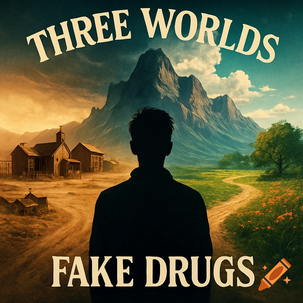 Silhouette of a man facing a landscape split into a deserted town, a mountain range, and a lush field, with text "THREE WORLDS" and "FAKE DRUGS".