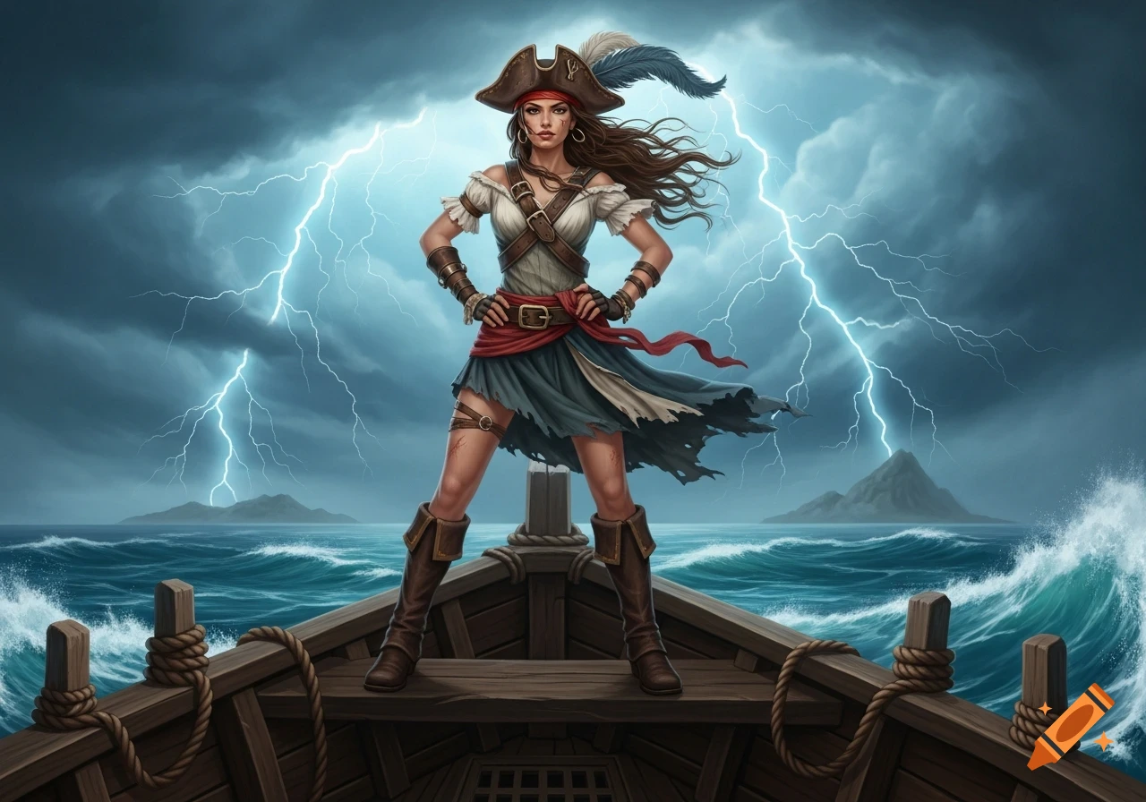 A confident female pirate with brown hair stands on a ship's bow against a stormy sea with lightning. Digital painting.