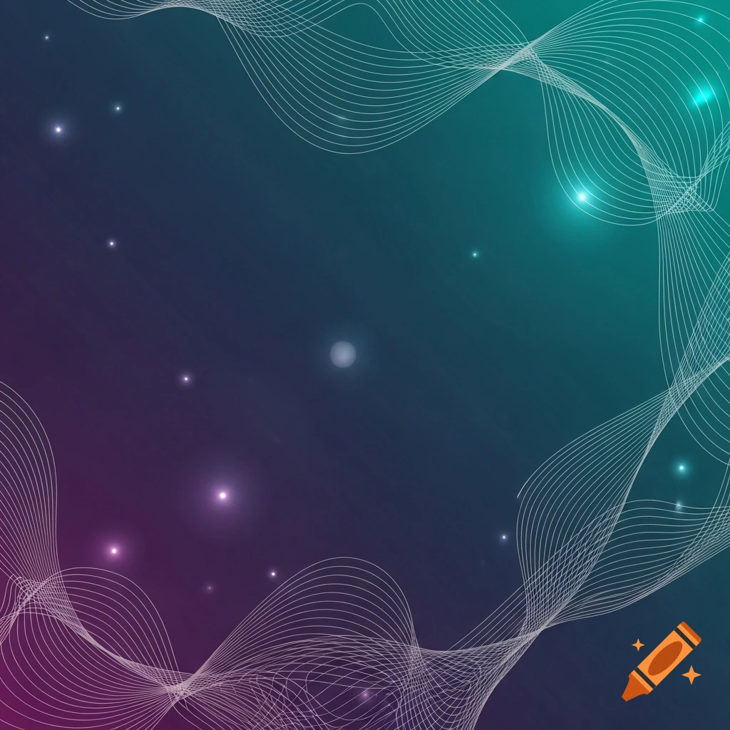Abstract background with wavy white lines, a purple to teal gradient, and scattered light particles.