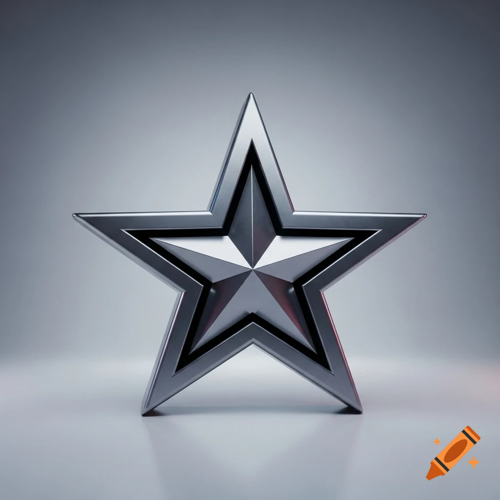 A shiny, textured silver metallic five-pointed star stands upright against a gradient gray background, with a subtle reflection on the surface below.