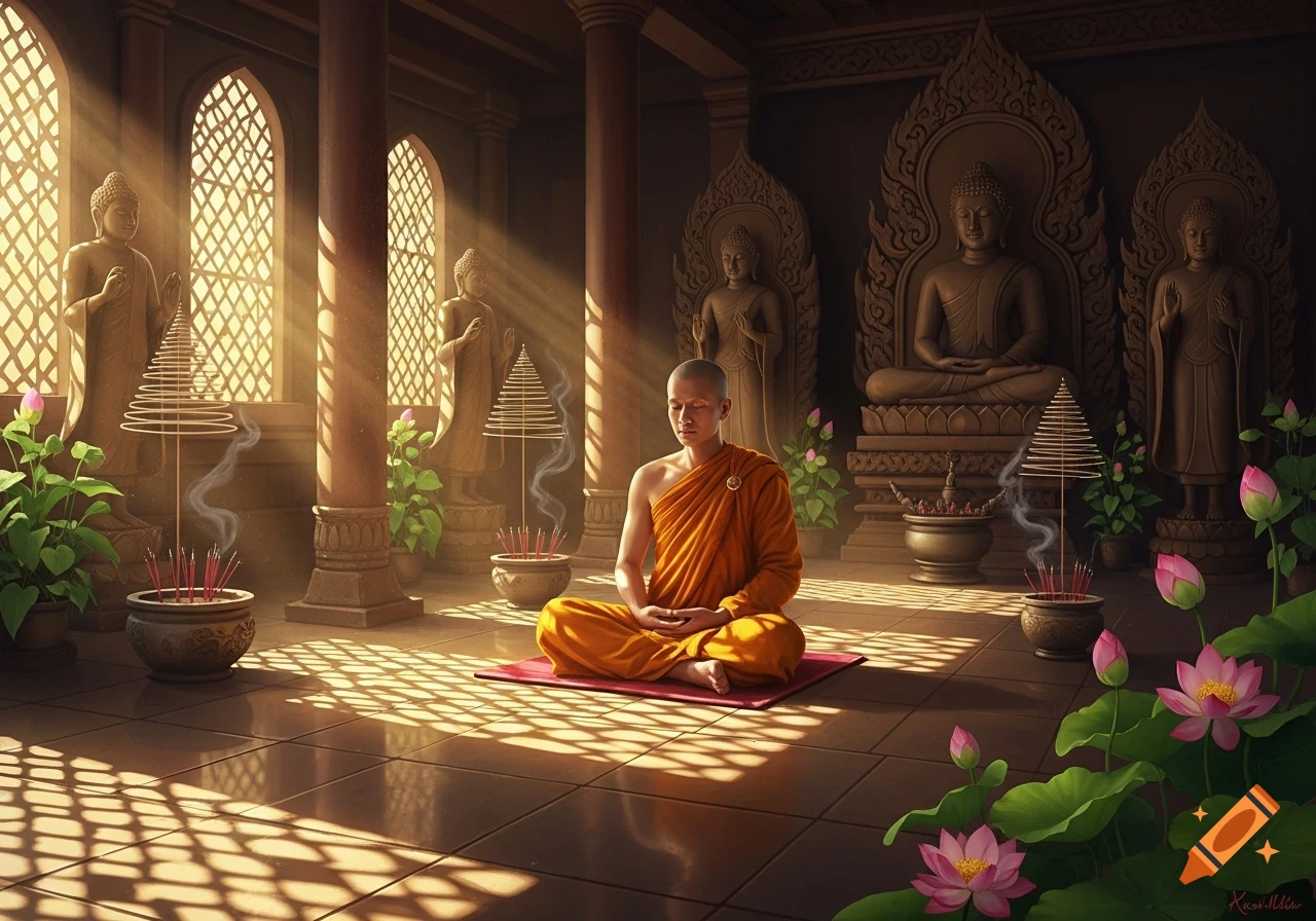 Buddhist monk meditating in a sunlit temple with Buddha statues, burning incense, and pink lotus flowers. Photorealistic style.